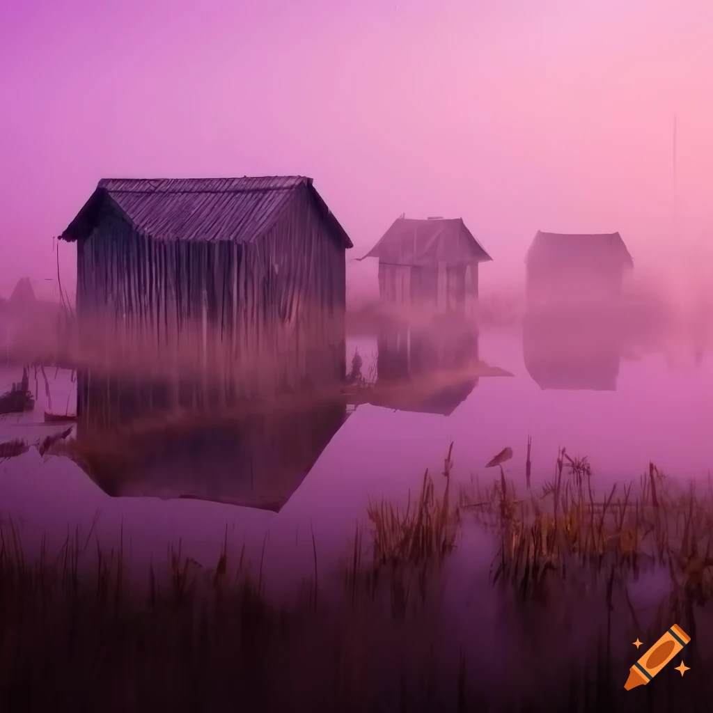 Swamp with purple mist and old wooden huts