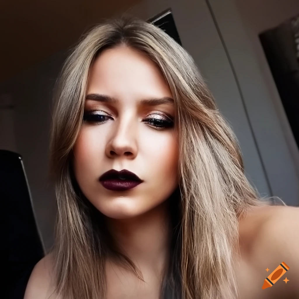 Closeup of a young blonde woman taking a selfie with heavy makeup in a