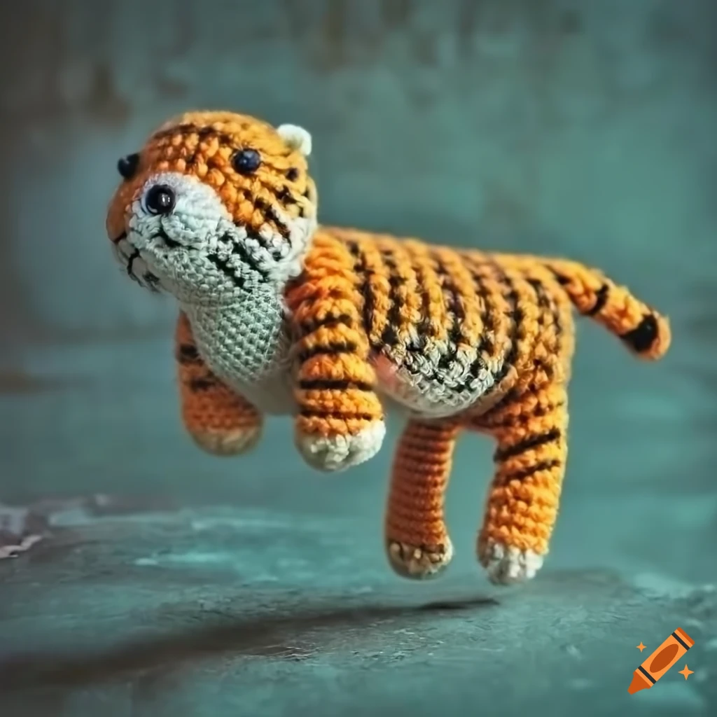 Cute tiger jumping amigurumi doll on green concrete background