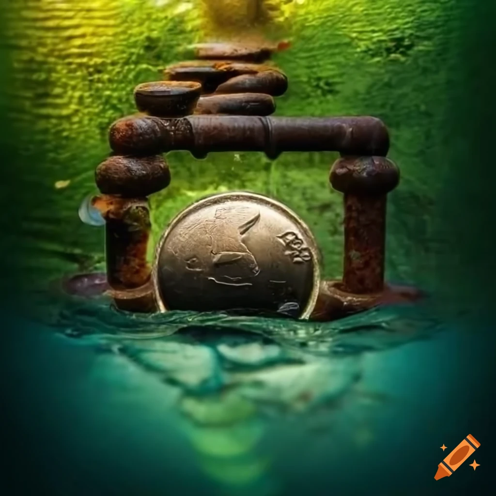 Coin flipping with pond inside coral gate and rusty pipes on the other side