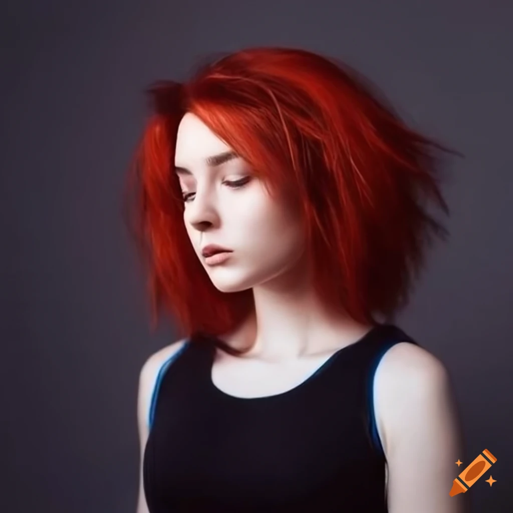 Girl with red short hair in black skirt and blue t-shirt