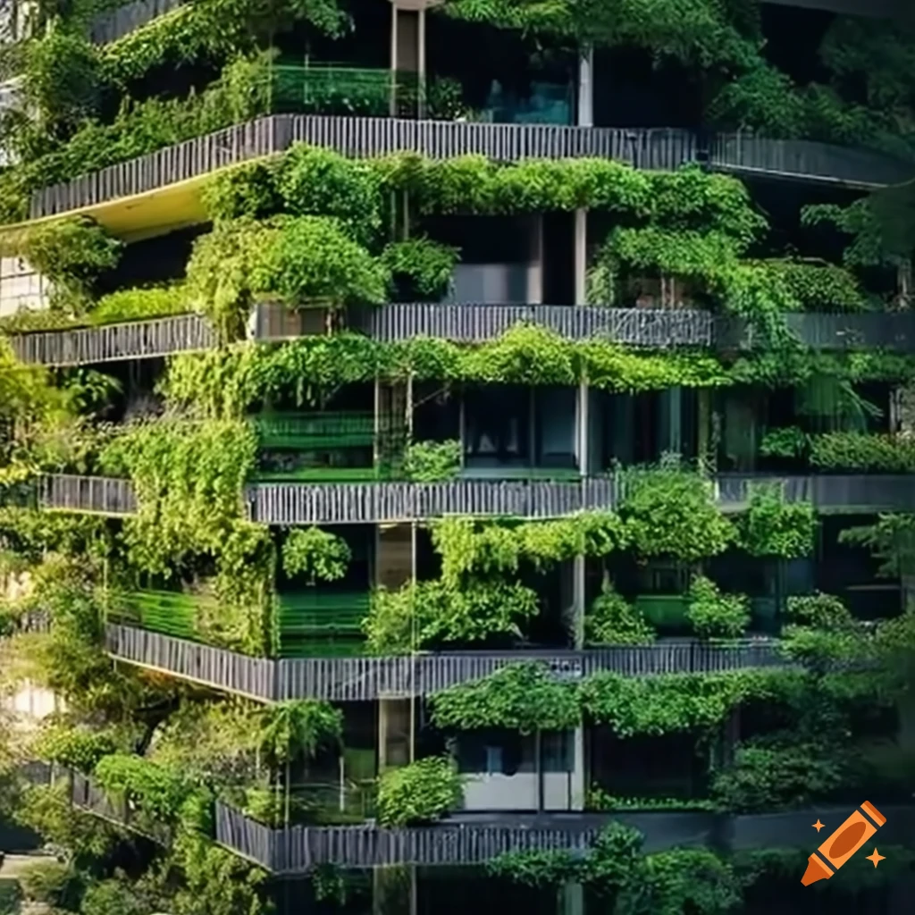 Modern sustainable building with vertical garden of climbing green plants