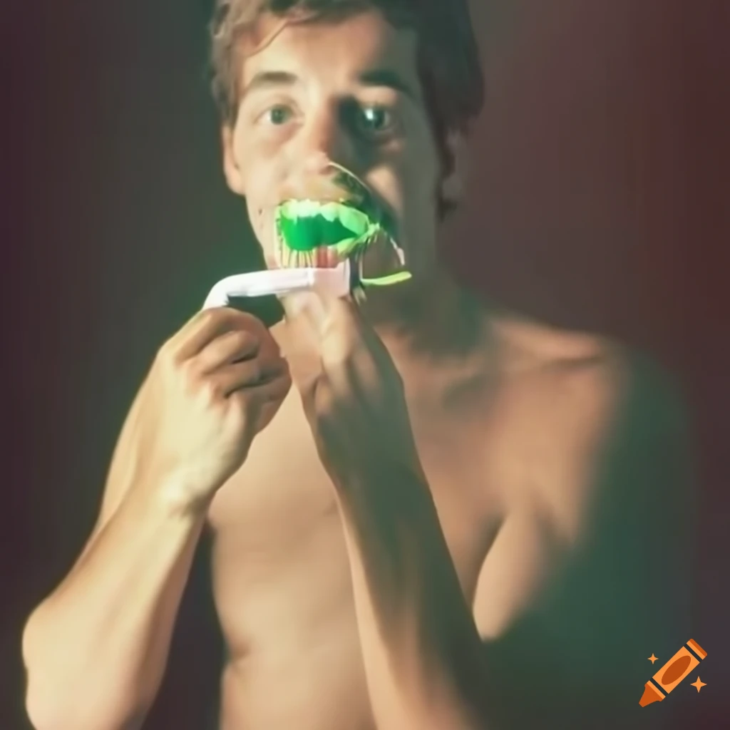 Man brushing teeth with green toothpaste in front of bathroom mirror, vintage style