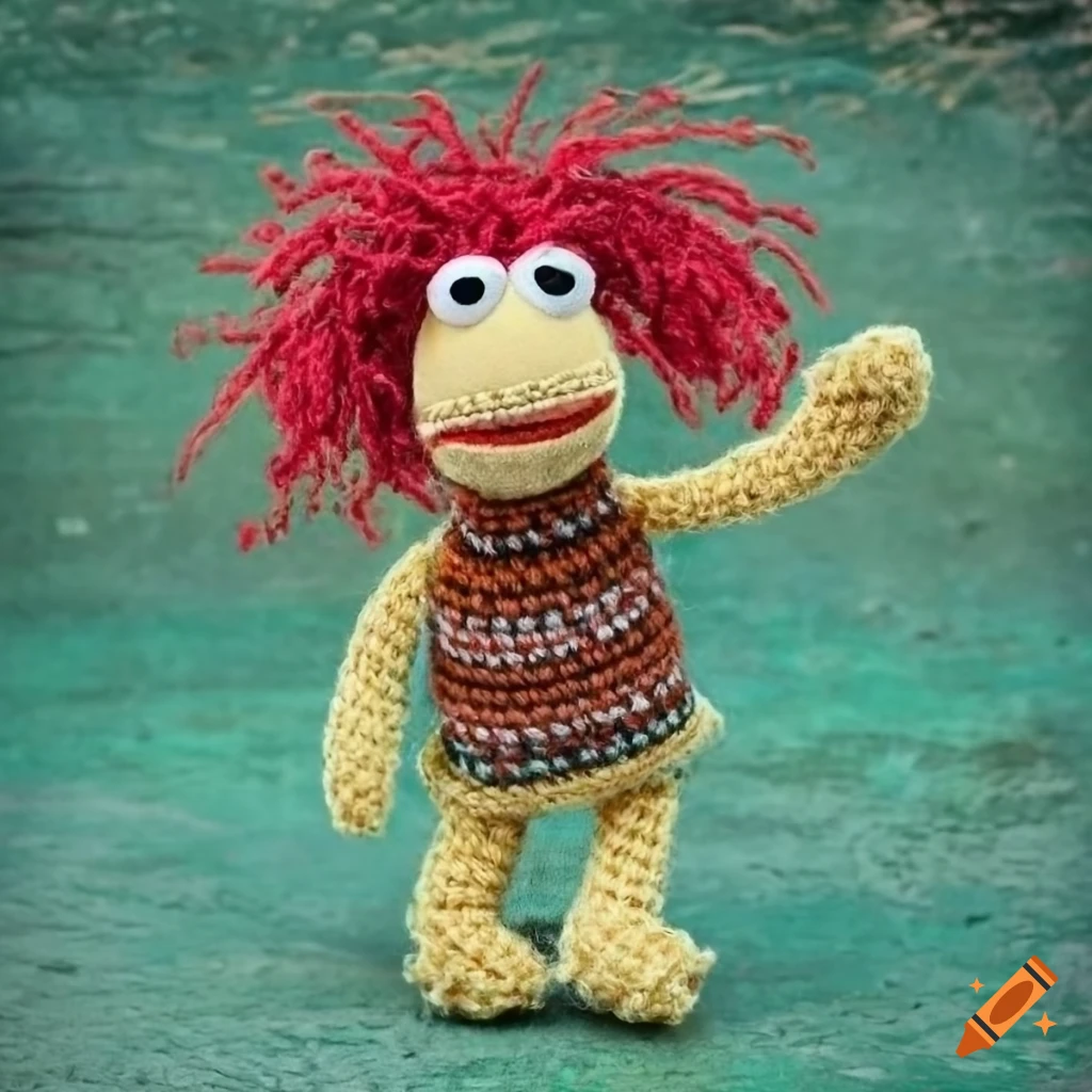 Fraggle Rock muppets crochet plush on a green concrete background