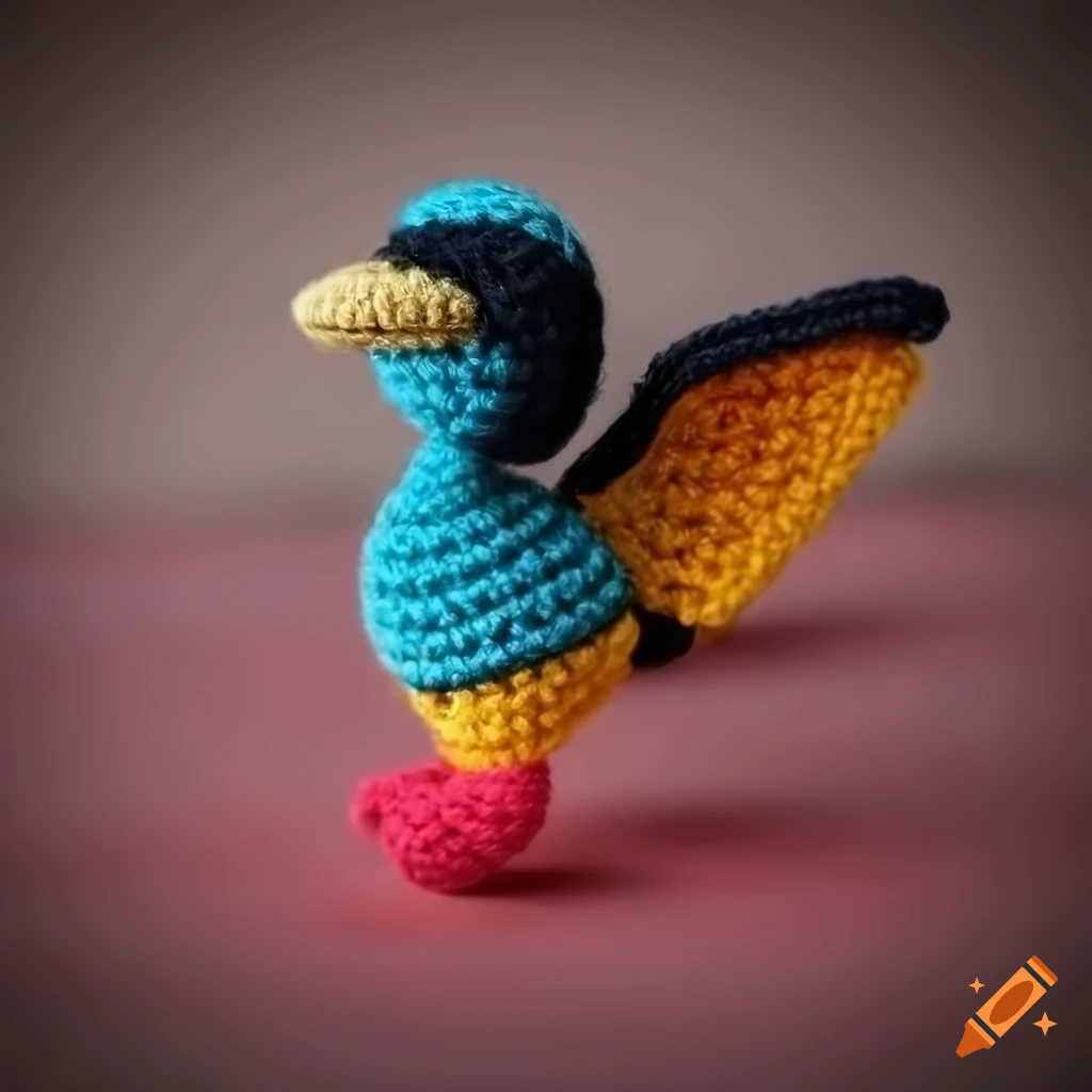 Cute Black-headed oriole bird amigurumi doll on a textured background