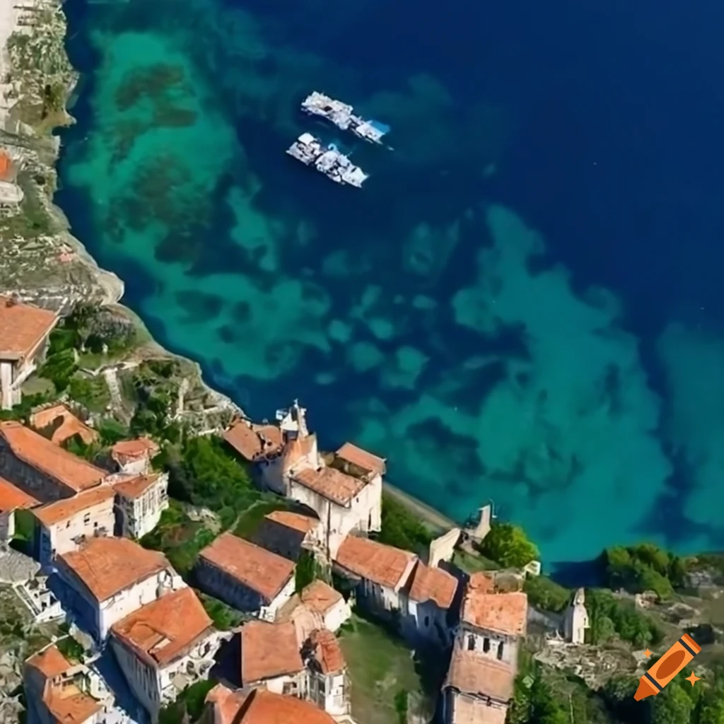 Satellite view of a Mediterranean medieval village with a port
