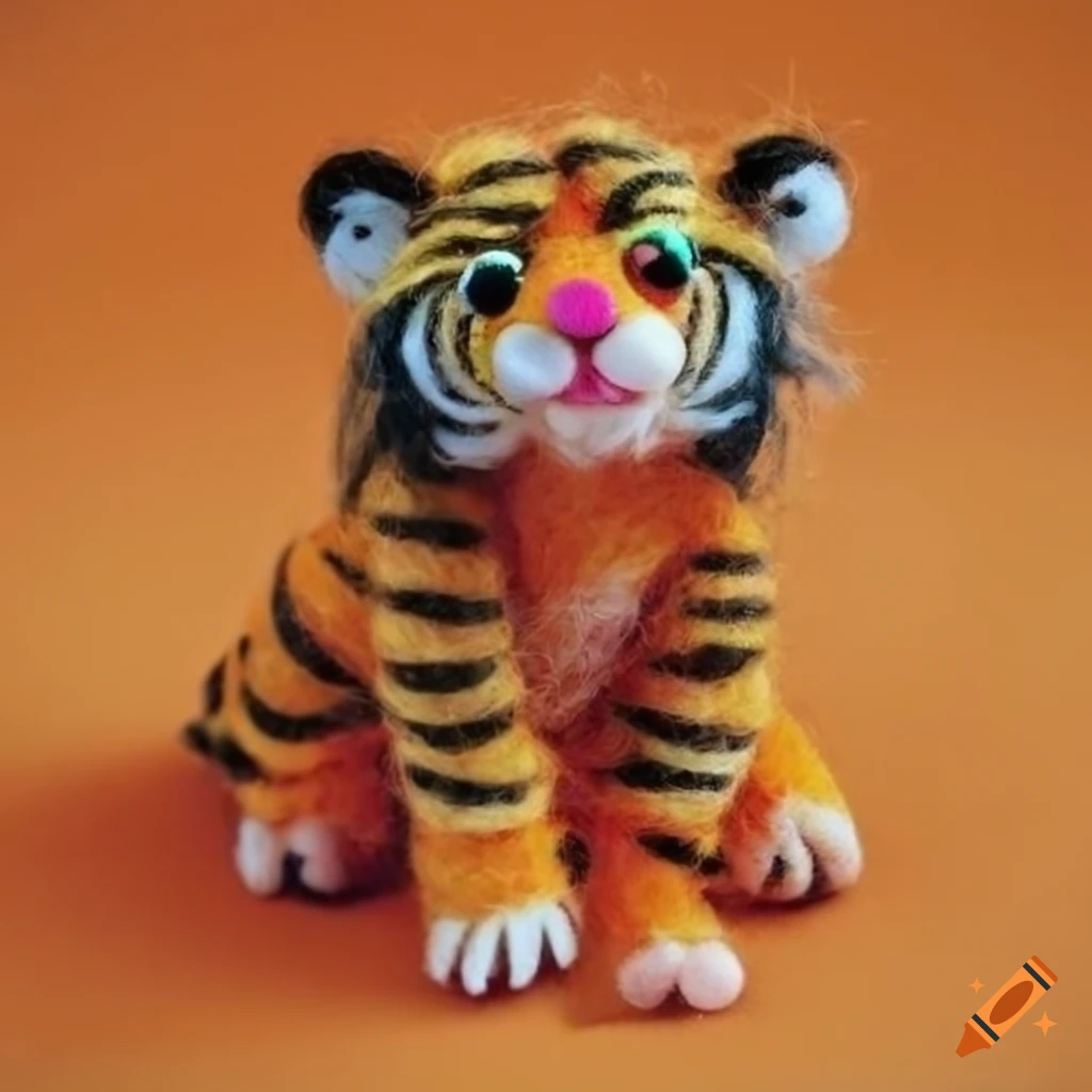 Adorable fluffy tiger muppet with fluorescent red eyes