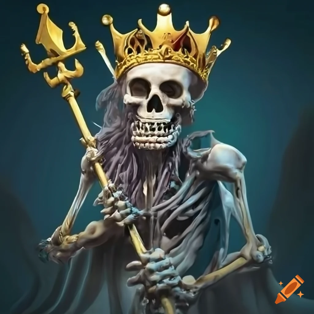 Skeletonized King Neptune with crown and Trident on Craiyon