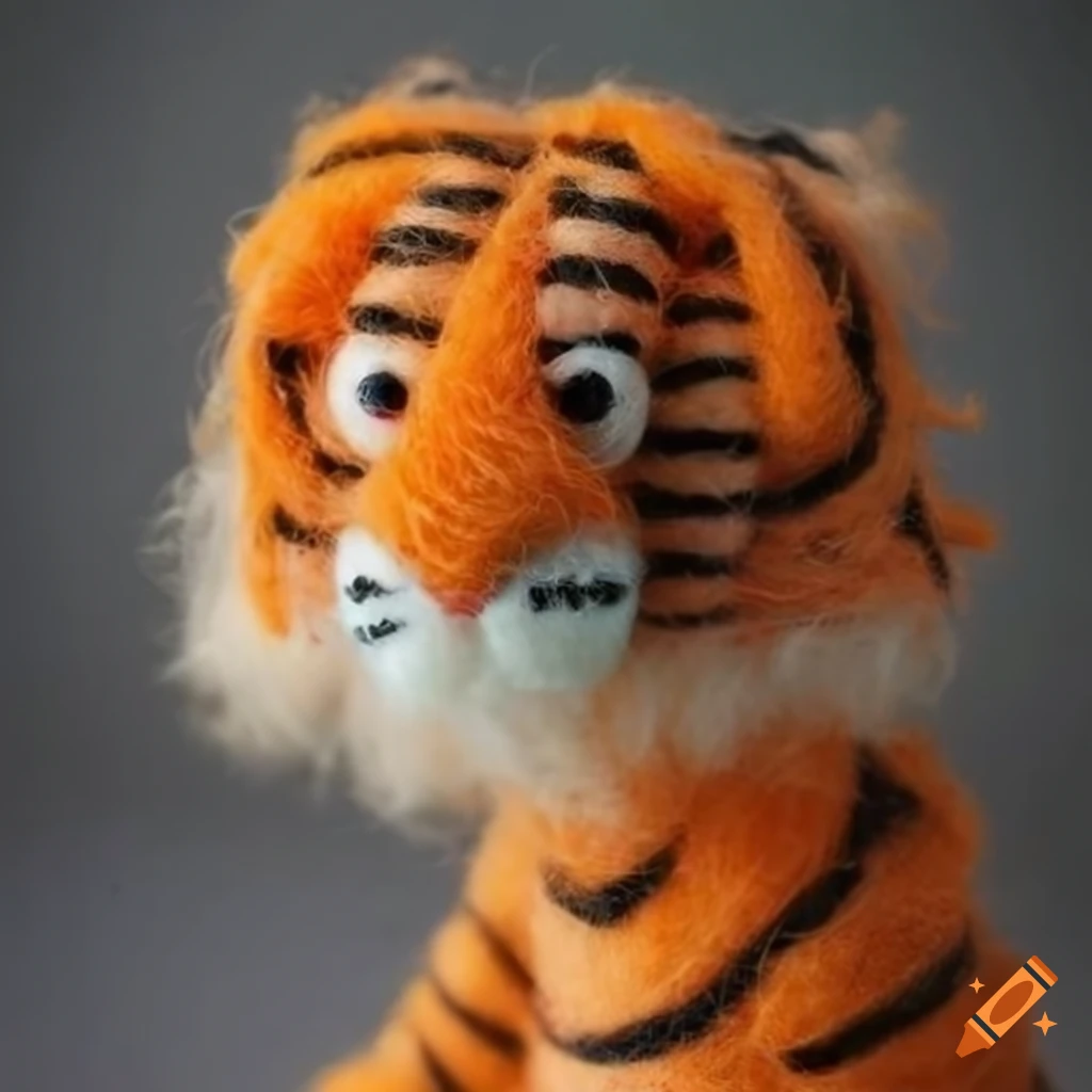 Adorable fluffy tiger muppet with fluorescent red eyes