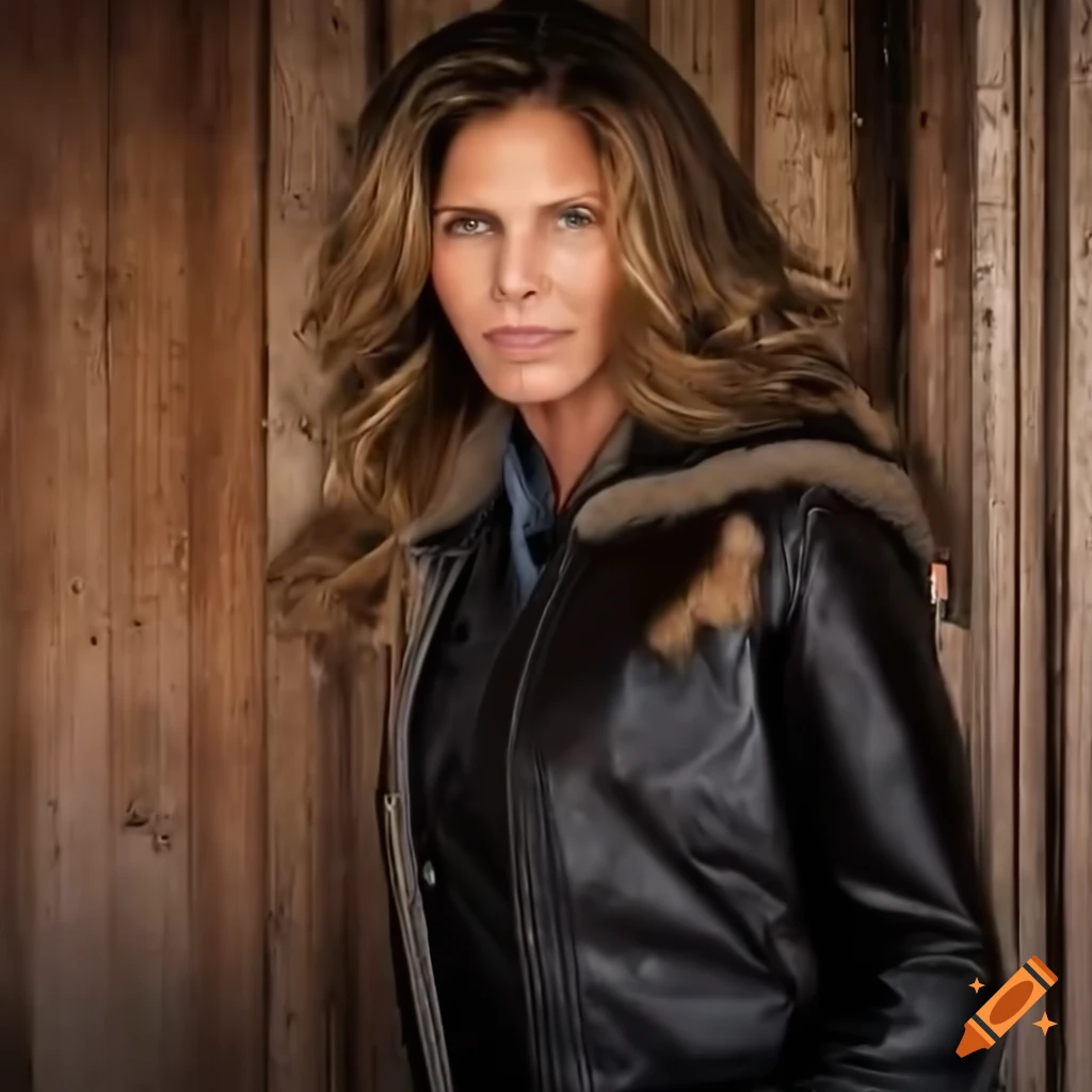 Actress in sheepskin bomber jacket and black leather trousers standing in barn doorway