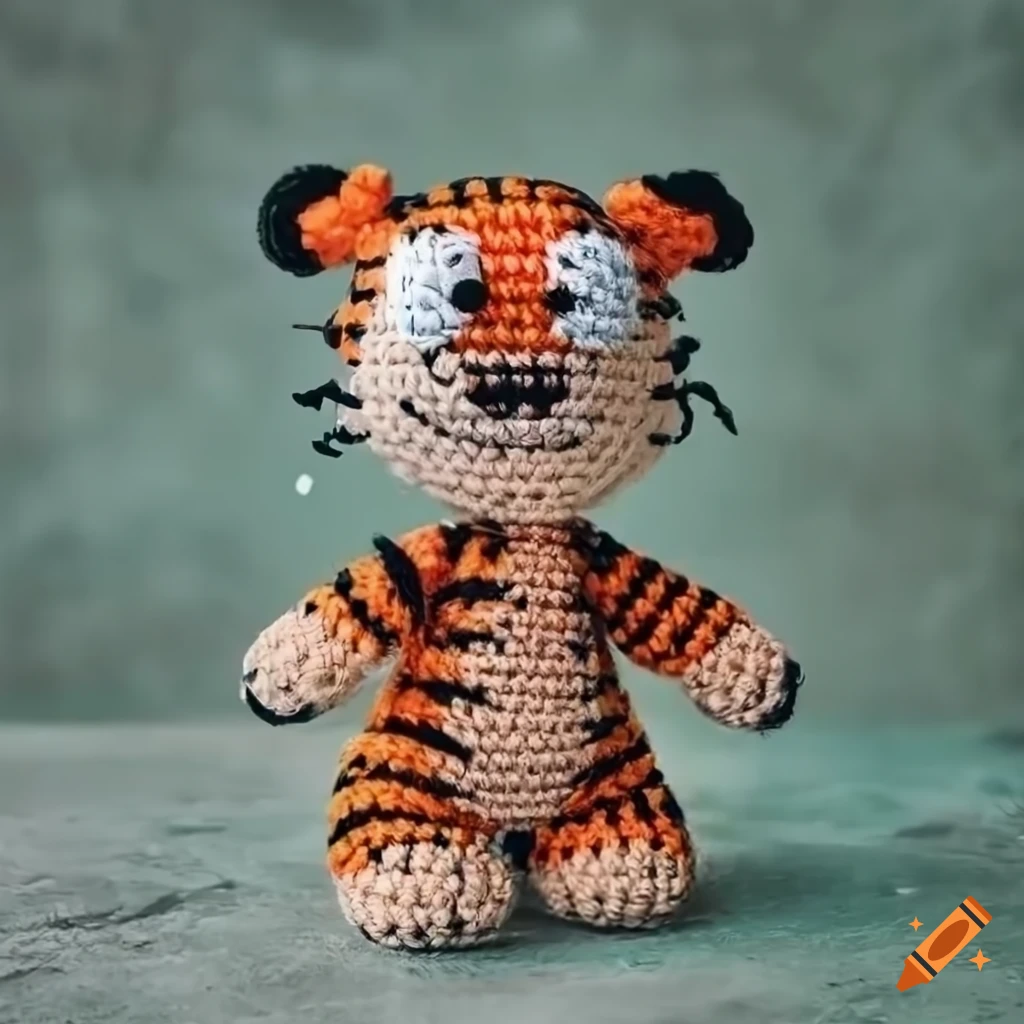 Fluffy Hobbes amigurumi plush on green concrete background