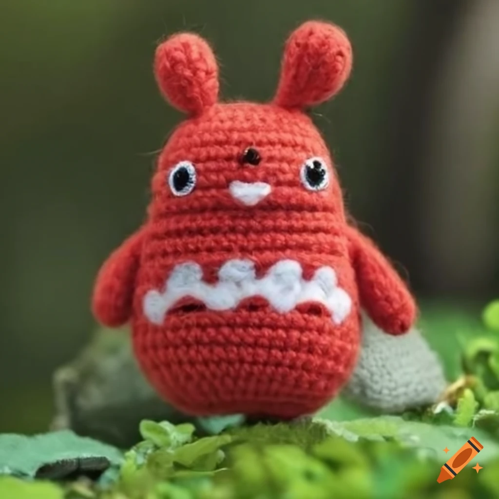 Cute red Totoro amigurumi toy in a garden landscape
