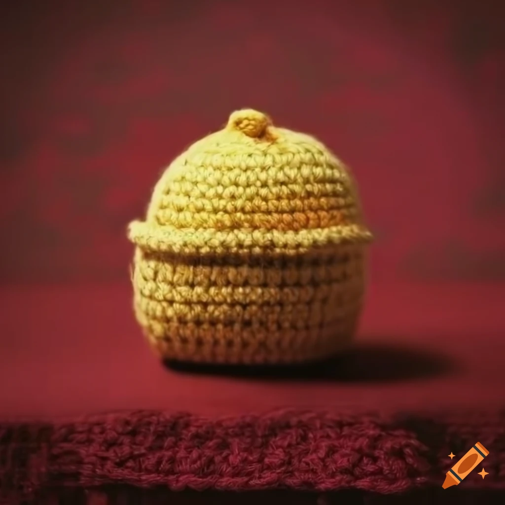 Amigurumi lemon bell fill box on a red concrete background