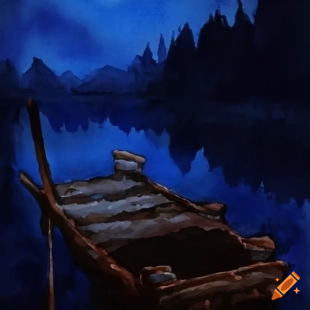 Raft at night in a watercolor painting