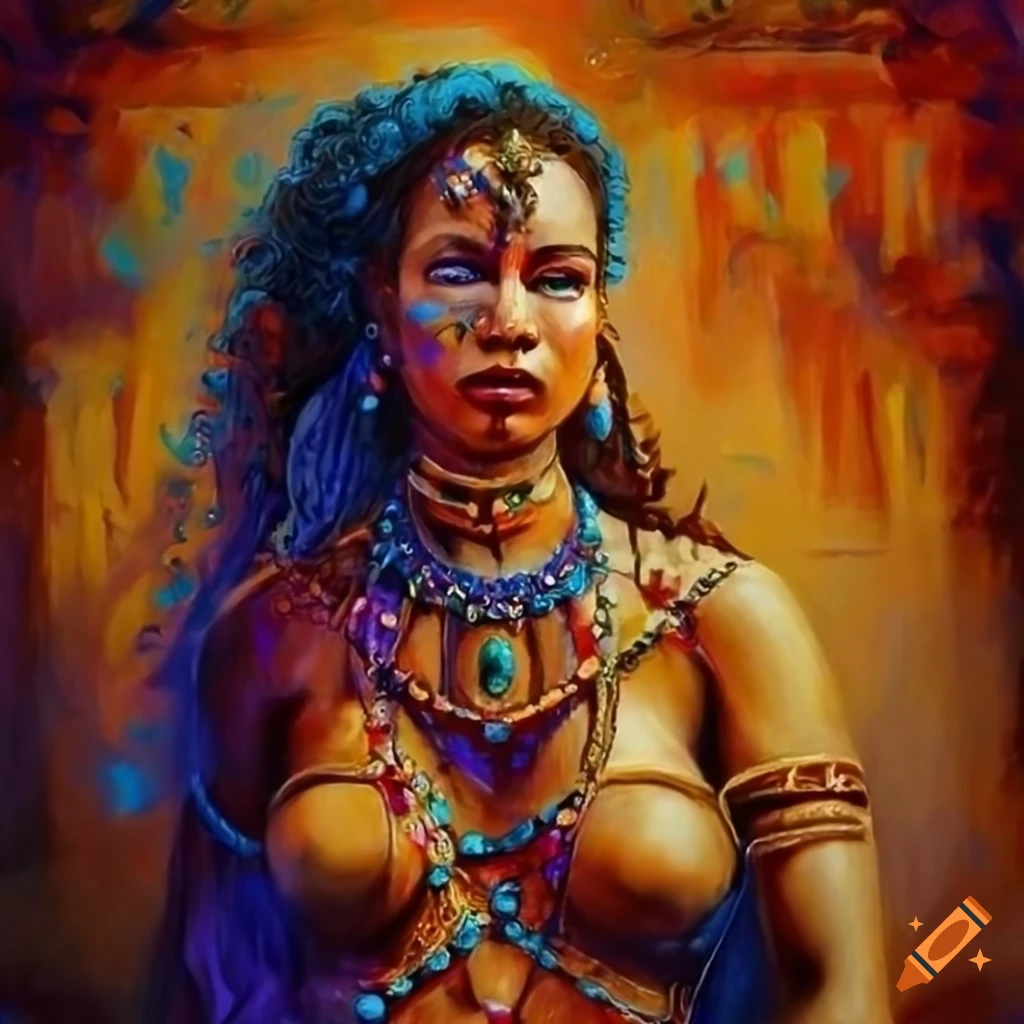 Curvaceous tribal woman adorned in jewels in an ancient temple with rich colors