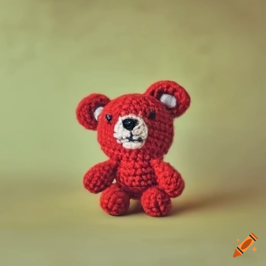 Fluffy red bear amigurumi plush toy on yellow concrete background