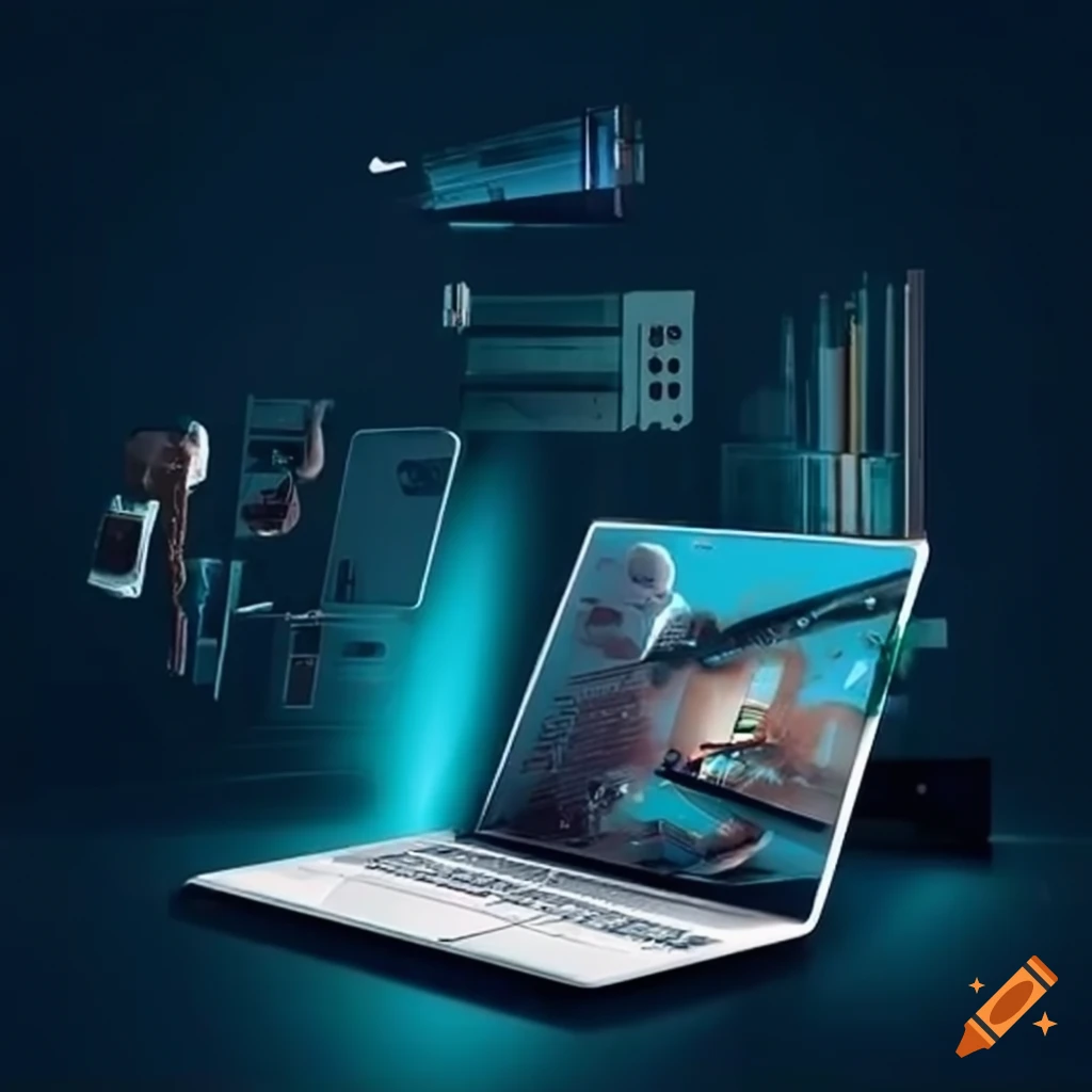 Modern digital workspace with smartphones and laptops connected online