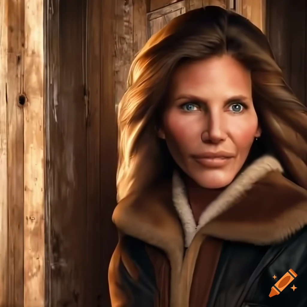 Actress in sheepskin bomber jacket and black leather trousers standing in barn doorway