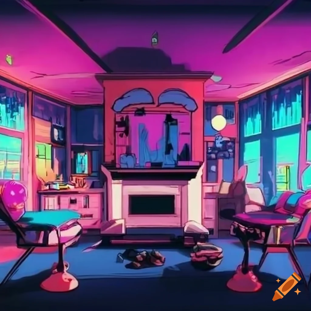 Living room designed in 80s anime style on Craiyon