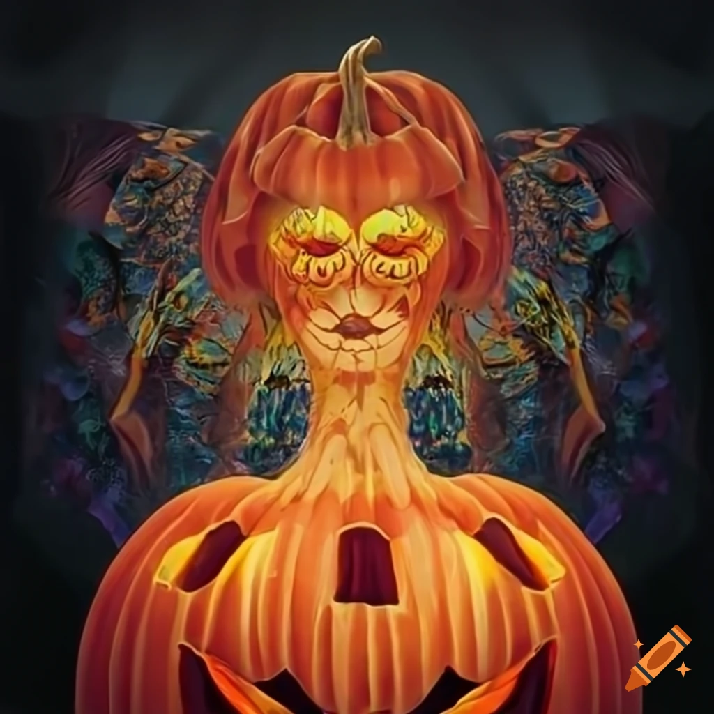 Jack o'lantern with feminine features in a digital artwork