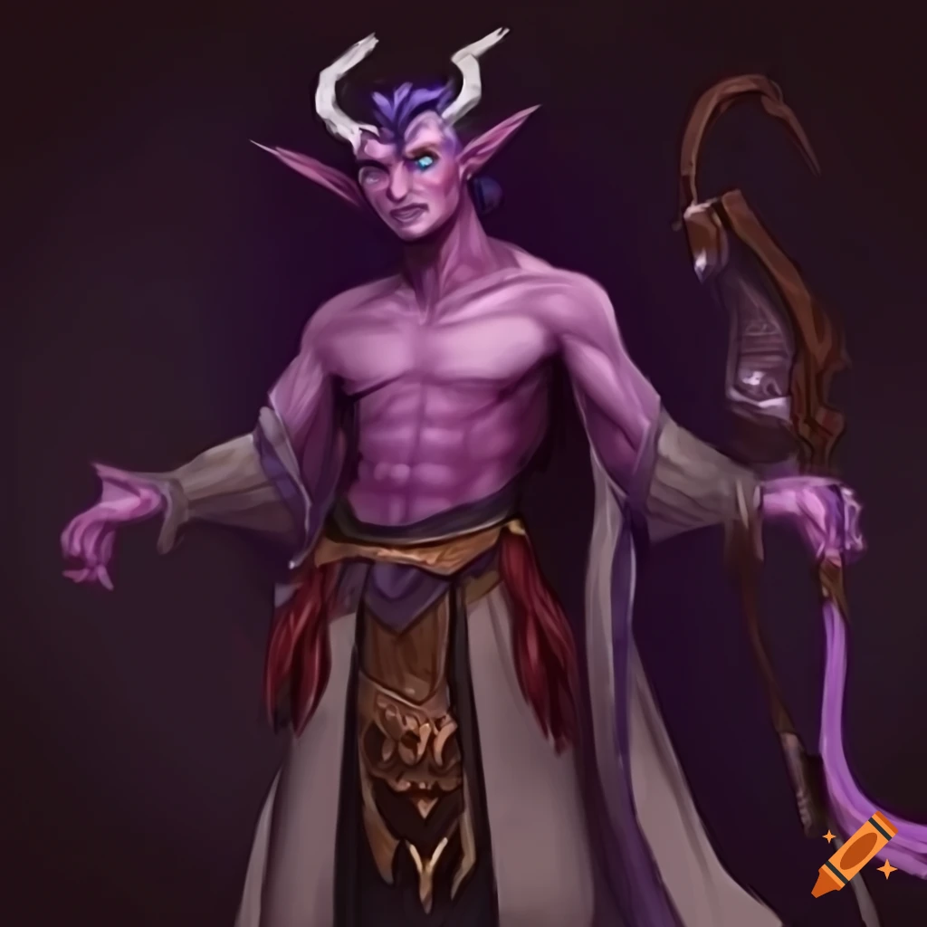 Intriguing male tiefling mage crafting magical incantations in grandiose robes