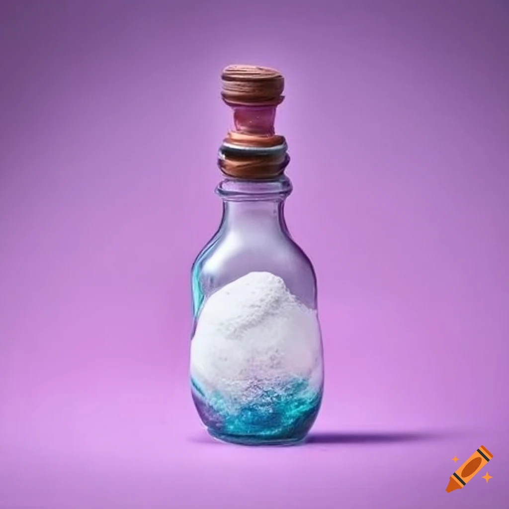 White and silver powdered unicorn horn in a glass bottle on Craiyon