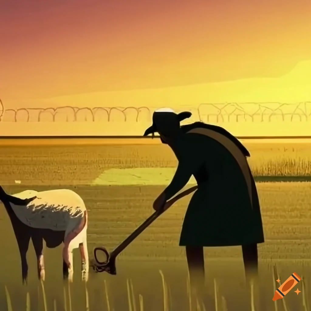 Farmer working in agricultural fields with farm animals