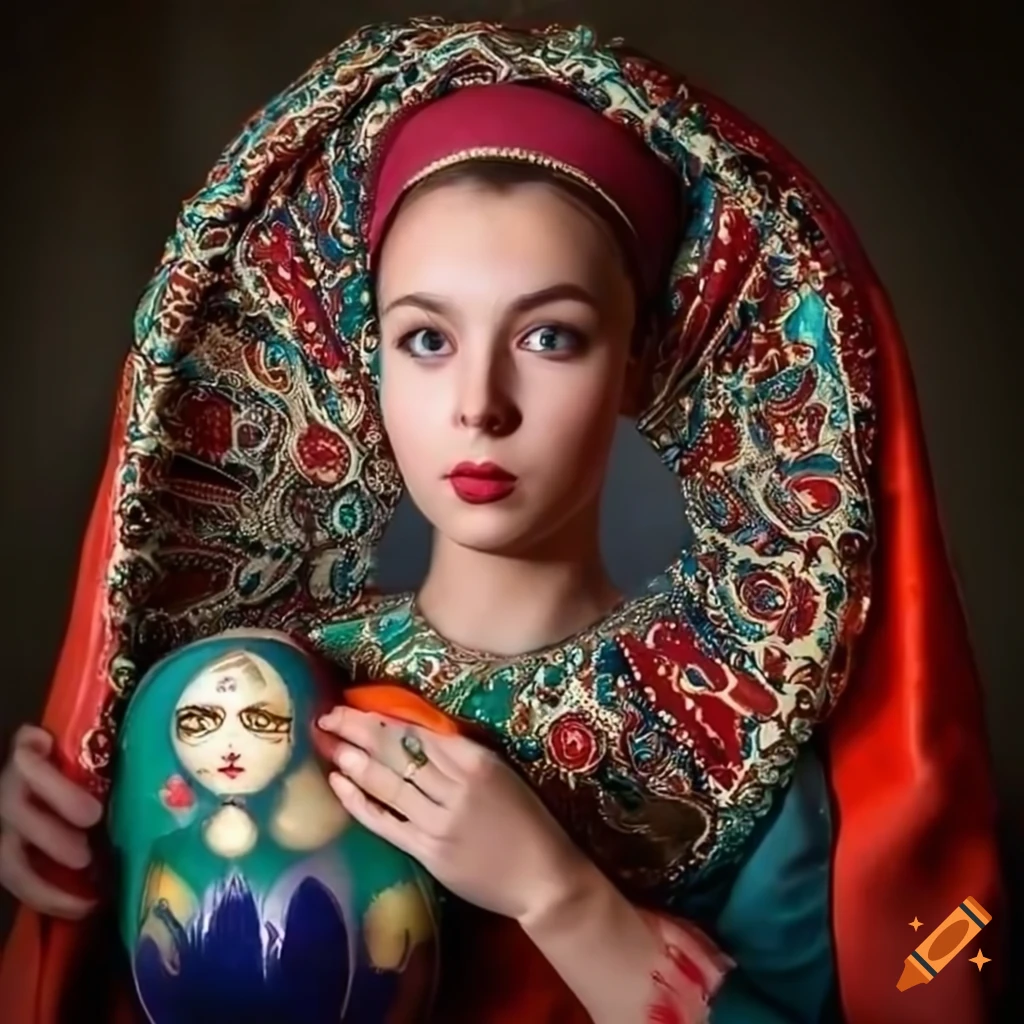 Portrait of a three-eyed woman in Russian attire holding a matryoshka doll
