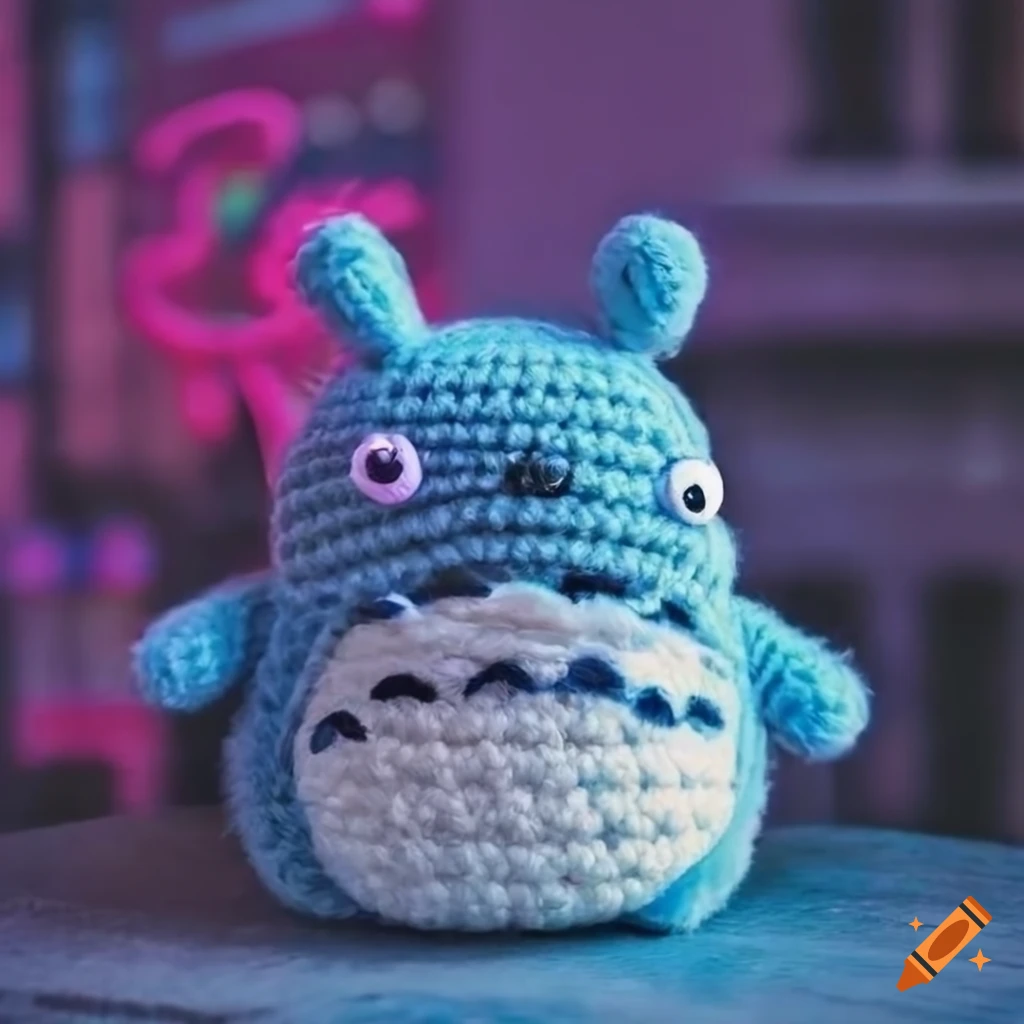 Cute Totoro toy lost in city streets under cyberpunk neon lights