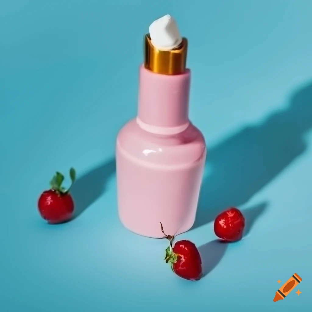 Cosmetics bottle next to berries and marshmallows on a bright blue background