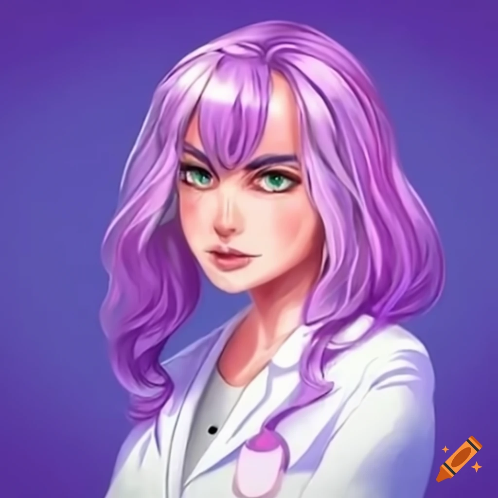Scientist with purple hair and purple eyes wearing a white lab coat on