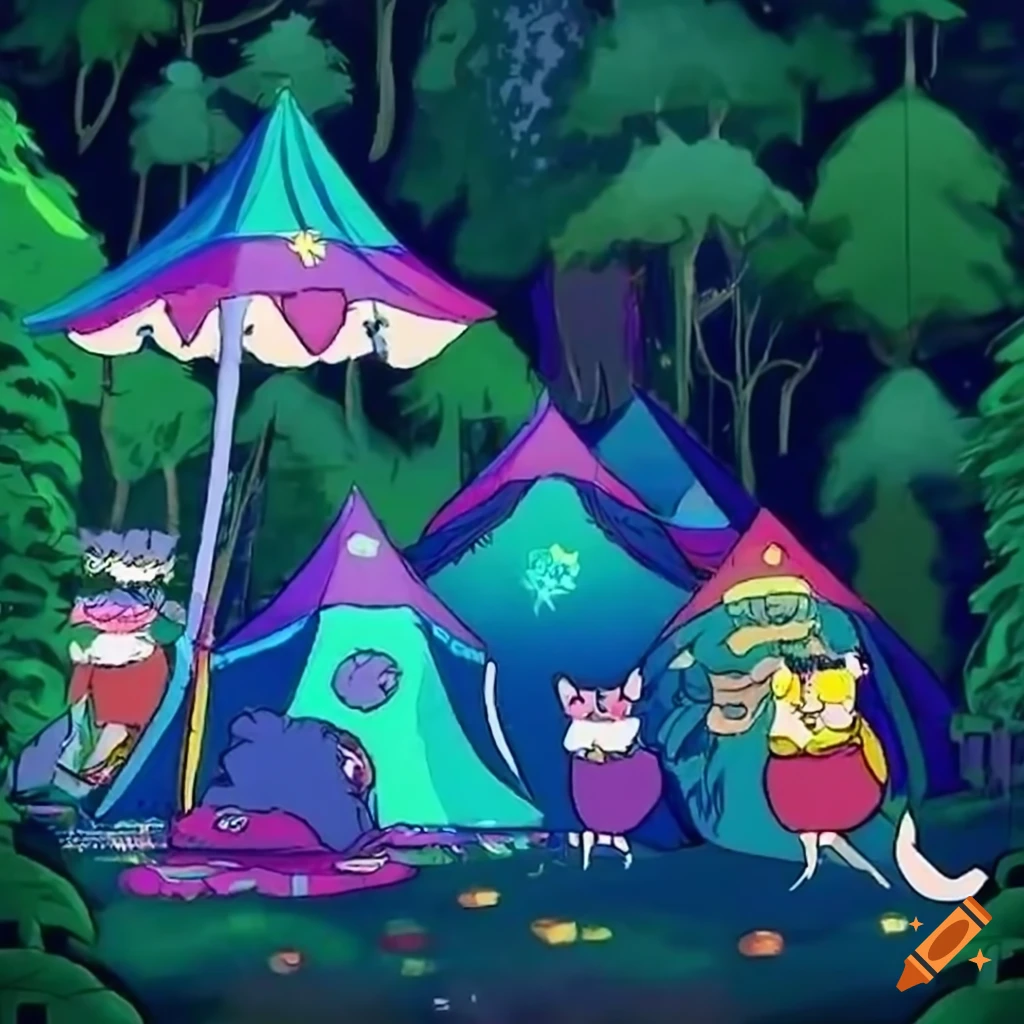 Cute cat dancing joyfully with friends in Ghibli style at a colorful rave