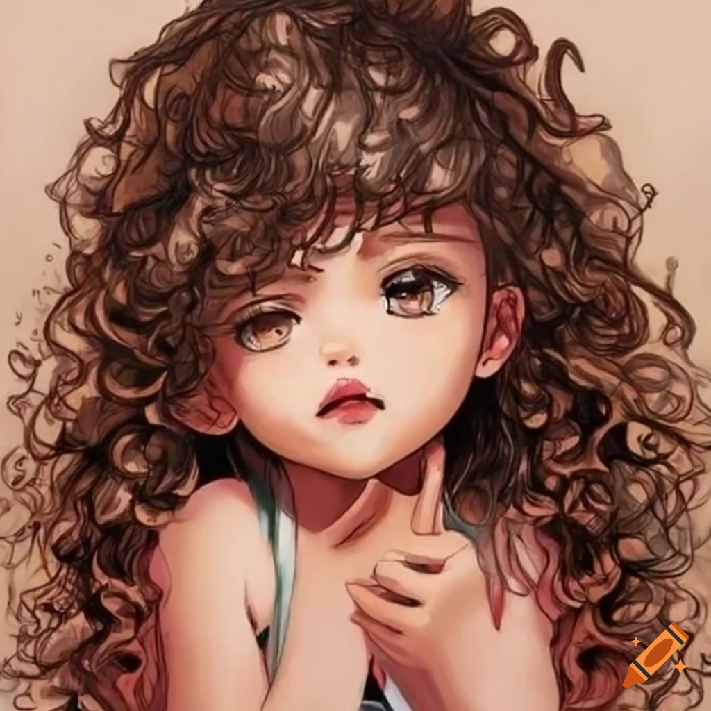 Dibujo de niña de 6 años con cabello rizado castaño tirando un beso