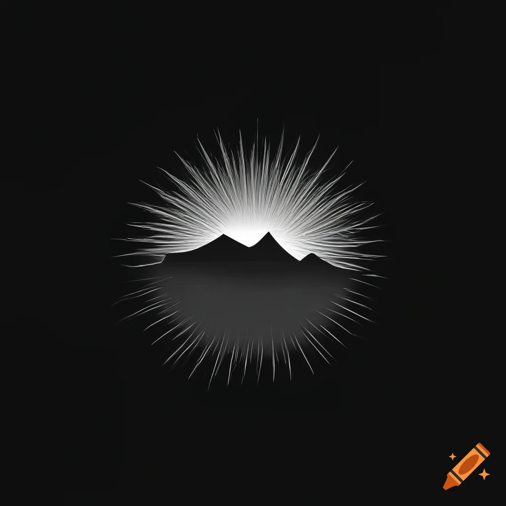 Minimalistic black and white logo-style art of dark mountain and radiant sun