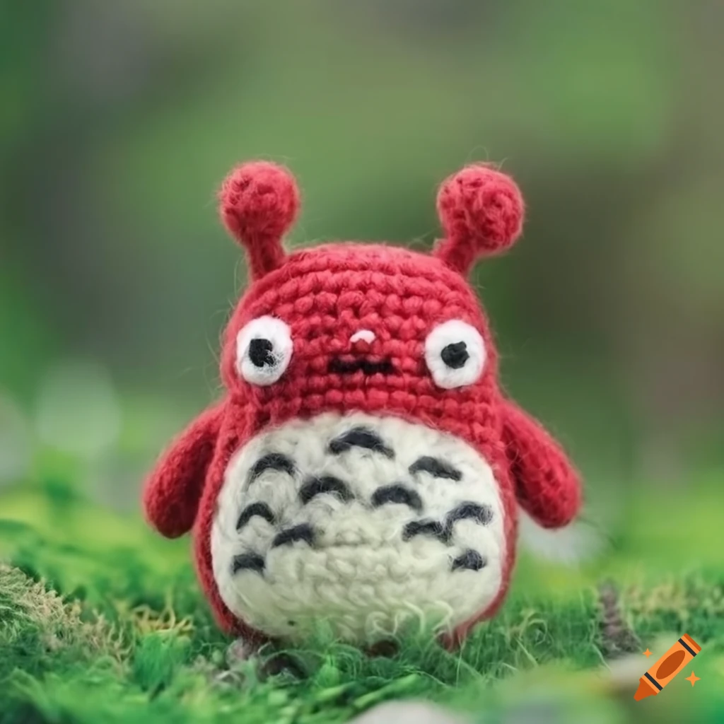 Cute red Totoro amigurumi on garden landscape