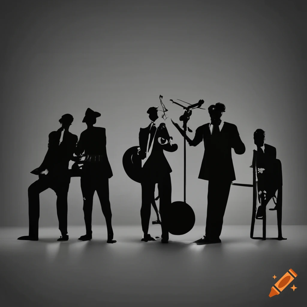 Silhouette of a 7 piece ska band with various musical instruments on