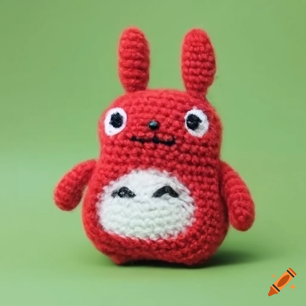 Felted Wool cute red Totoro soft toy in garden setting