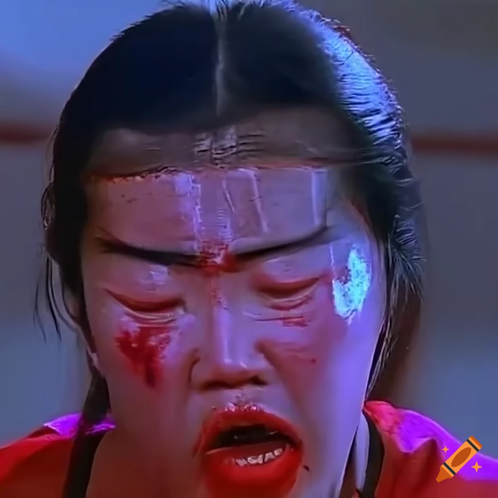 Expressive closeup of disheveled asian female kung fu fighter in 80's movie