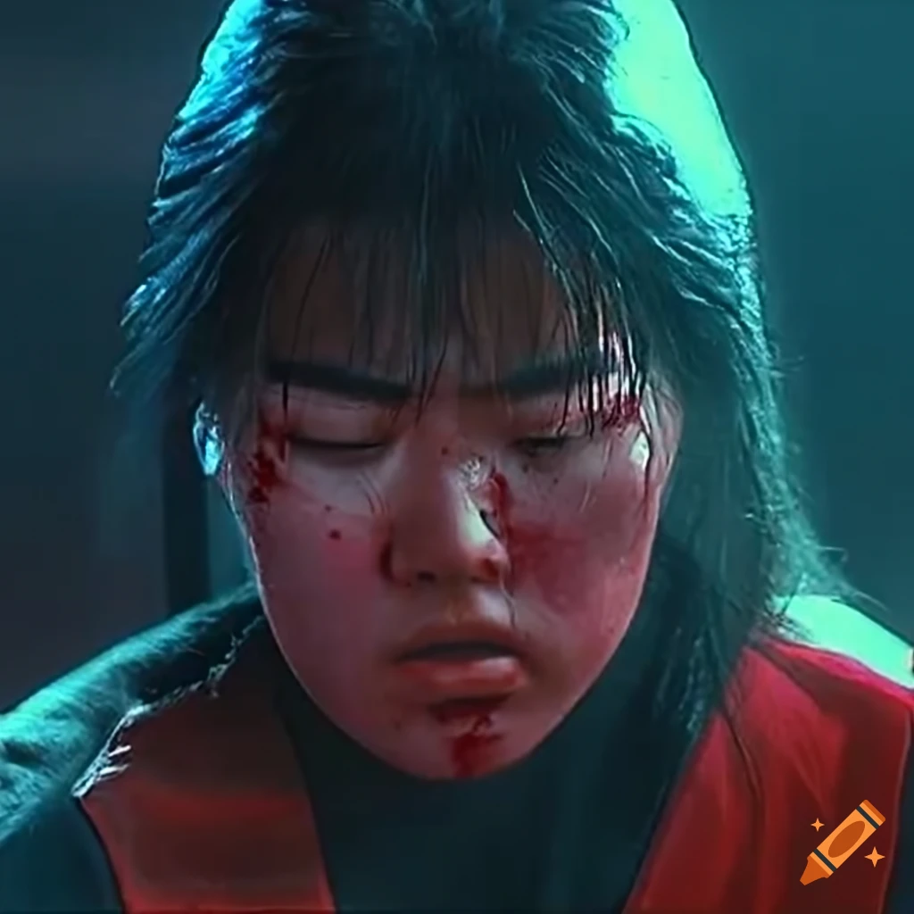 Closeup of disheveled asian kung fu fighter from 80's movie
