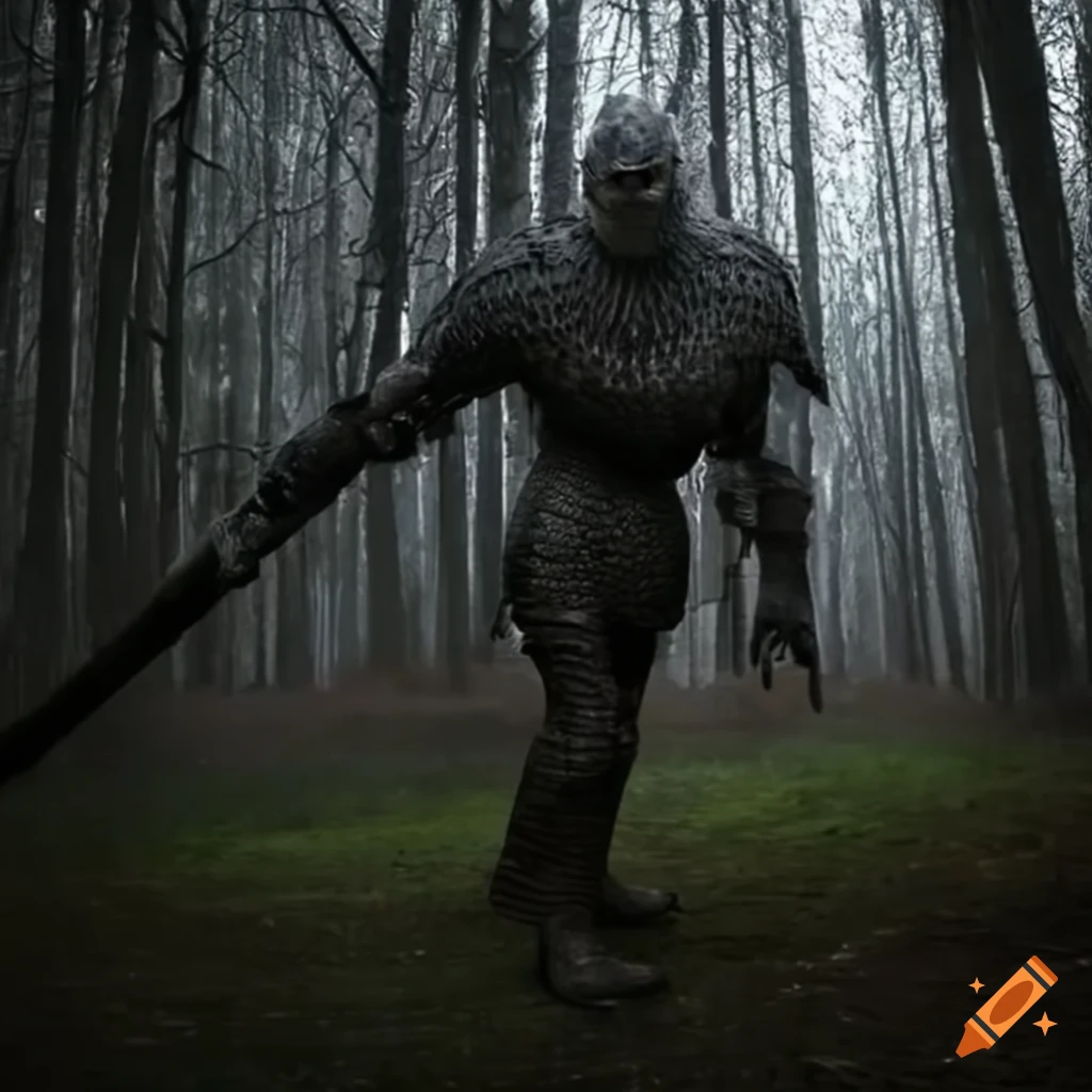 Giant monster-like figure in armor within a dark forest setting