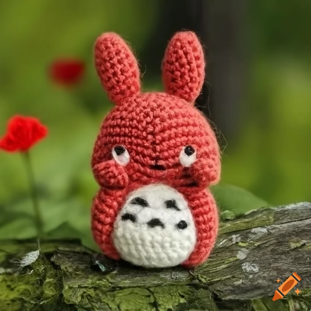 Felted Wool cute red Totoro soft toy in a garden landscape