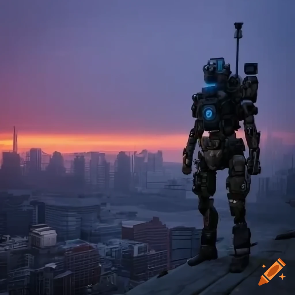 Mech soldier BT-7274 silhouetted against a smoky sunset and burning cityscape