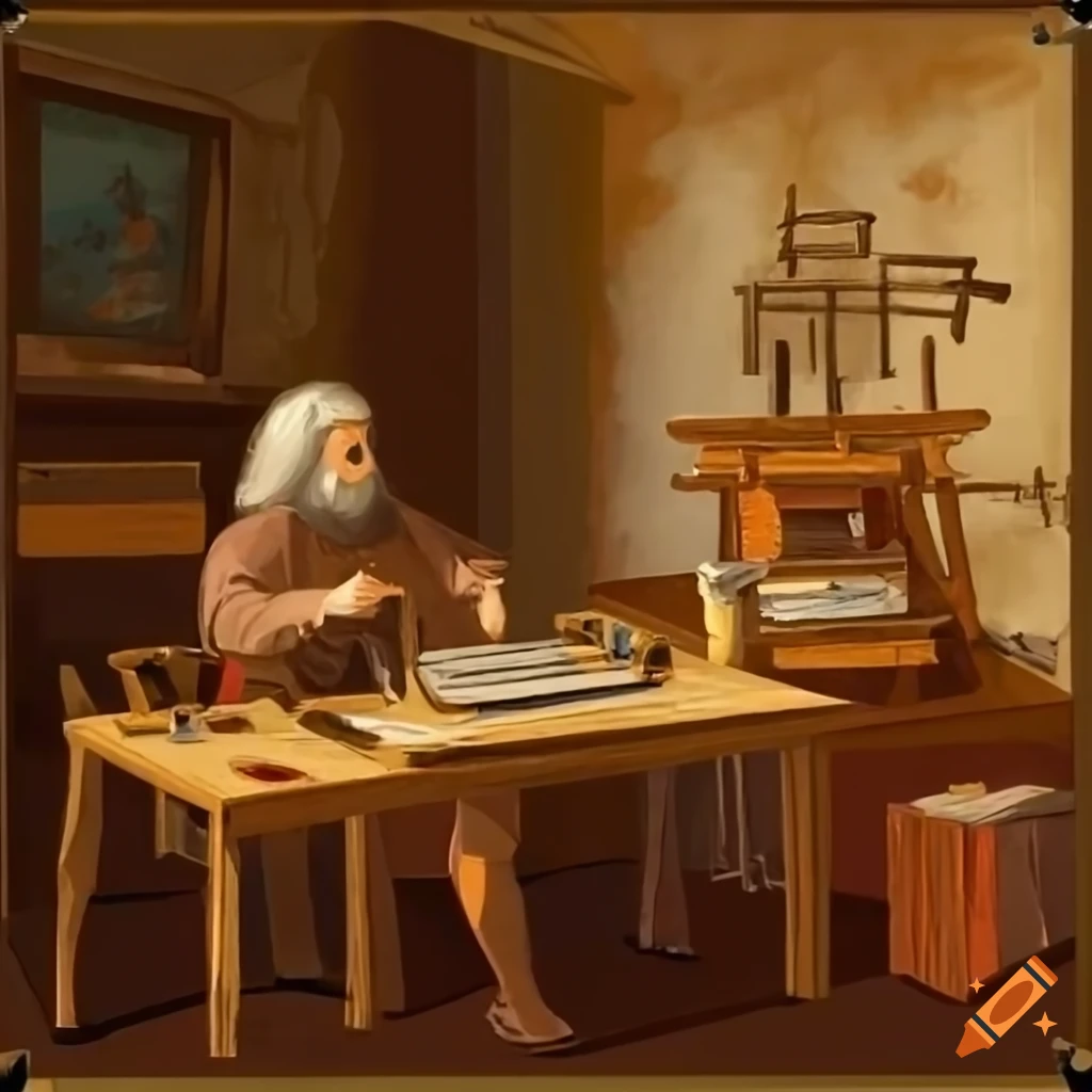 Leonardo da Vinci working at his desk surrounded by sketches, models, books, and instruments