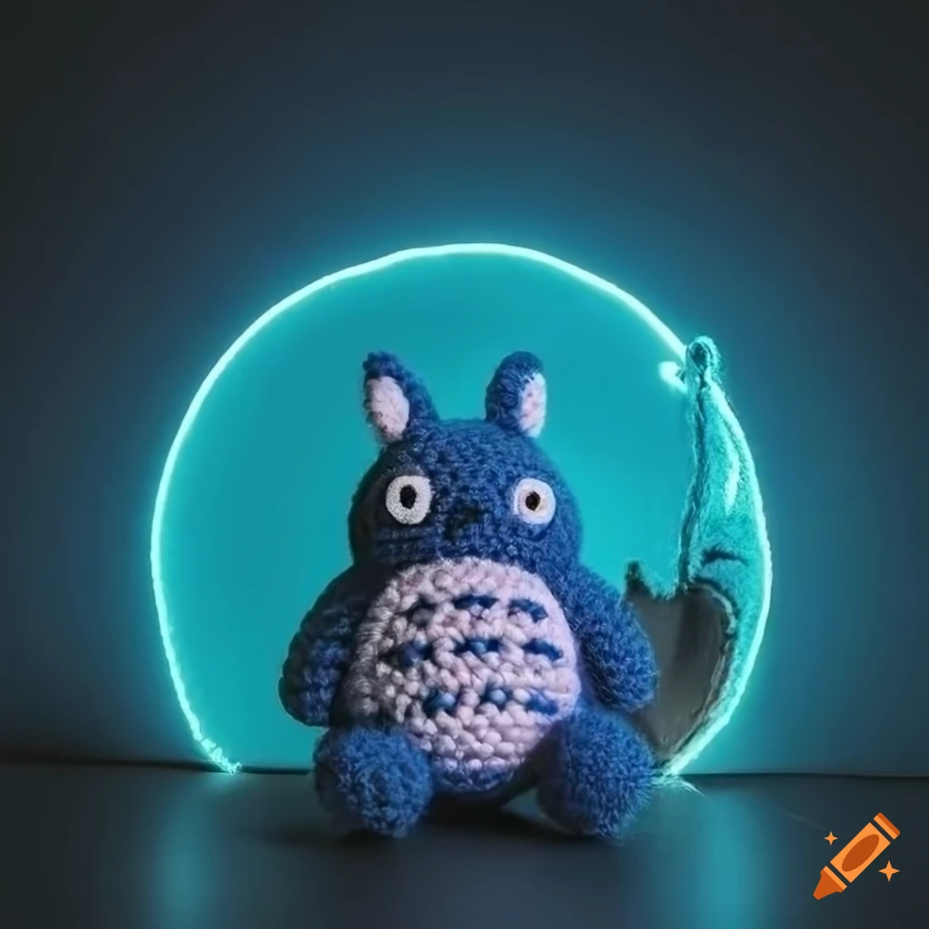Amigurumi Totoro lost in a cyberpunk city with neon lights, moon, and Milky Way backdrop