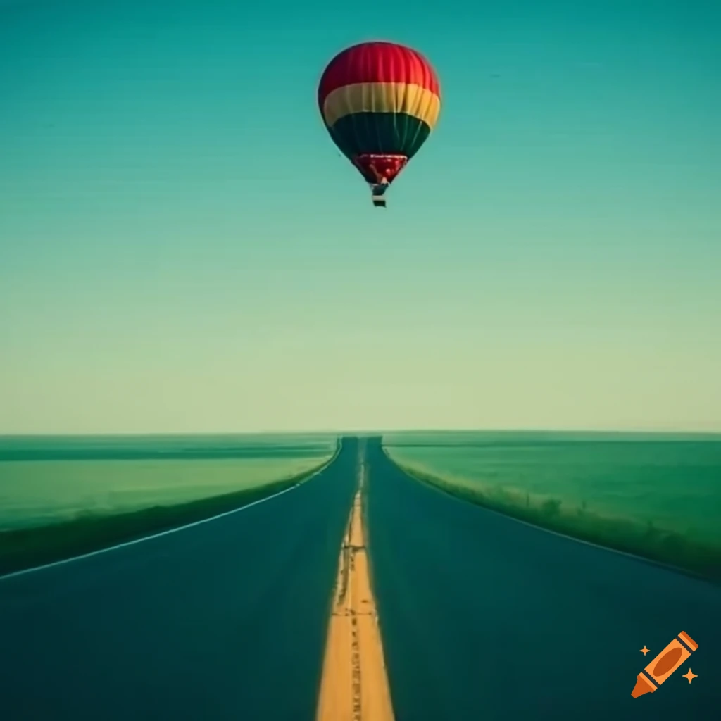 Hot air balloon on a long straight road with a distant car, flat green plain