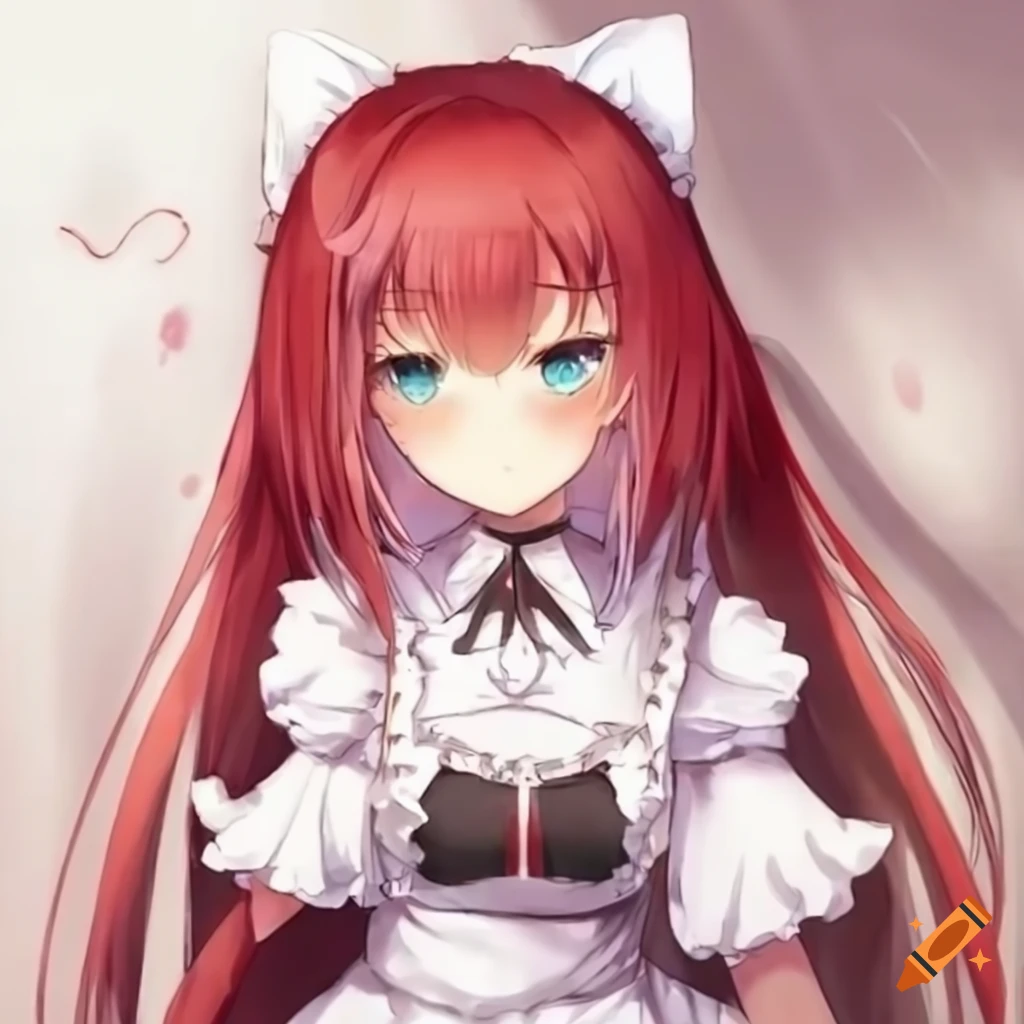 Anime catgirl maid with white fur and cyan eyes