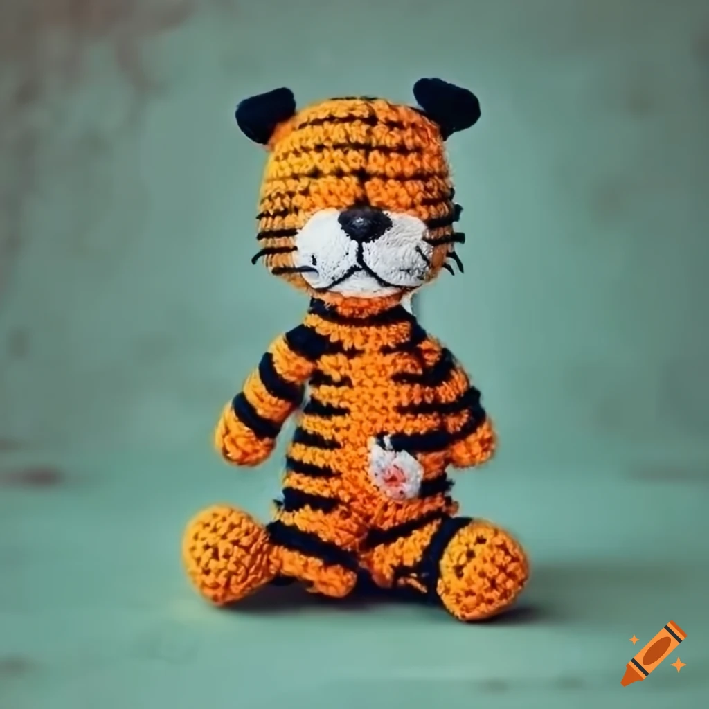 Fluffy Hobbes crochet plush toy on a green concrete background
