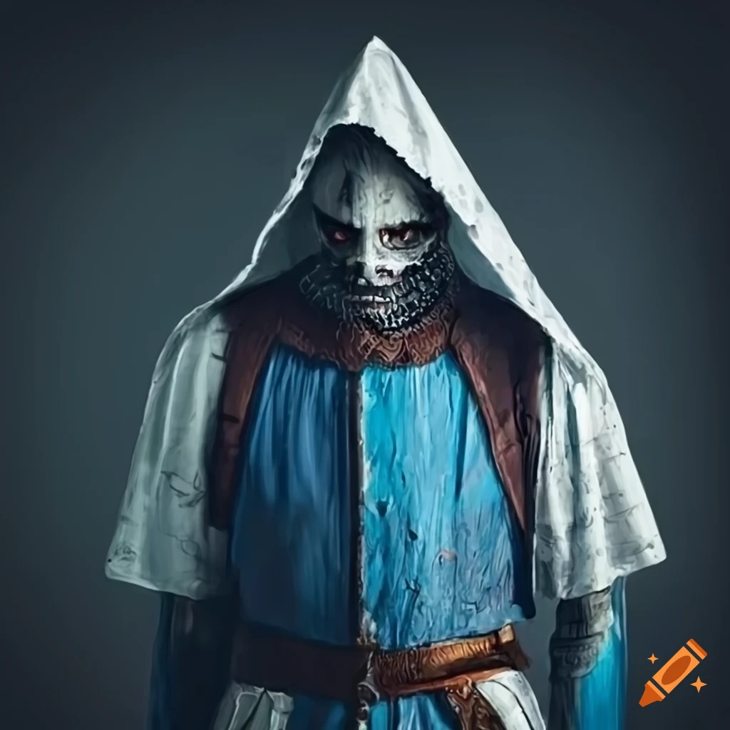 Knight zombie with blue and white garments near a castle
