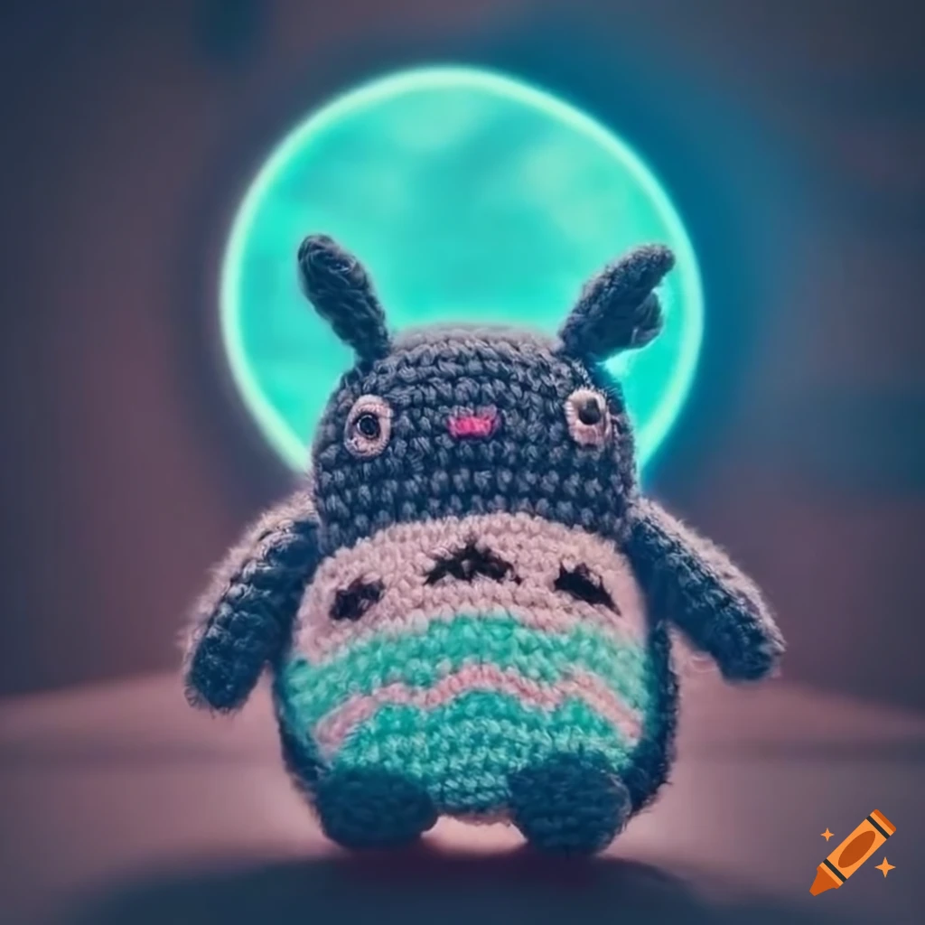 Amigurumi blue Totoro lost in a cyberpunk city with neon lights and a big moon