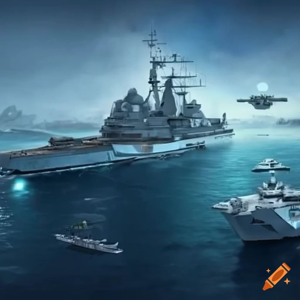 Distributed naval fleet in a futuristic sea and space setting